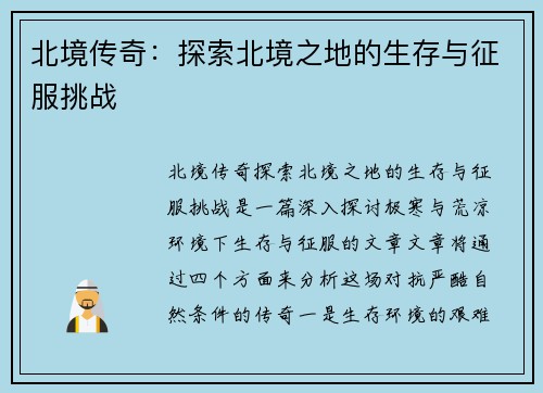 北境传奇：探索北境之地的生存与征服挑战